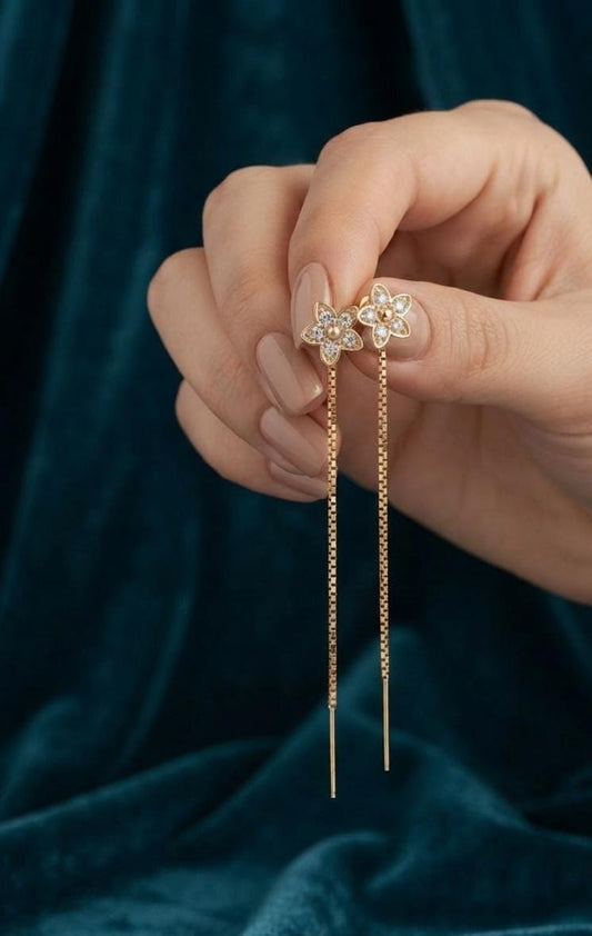 Gold-Tone Crystal Flower Long Chain Earrings for Women - Win Bachat