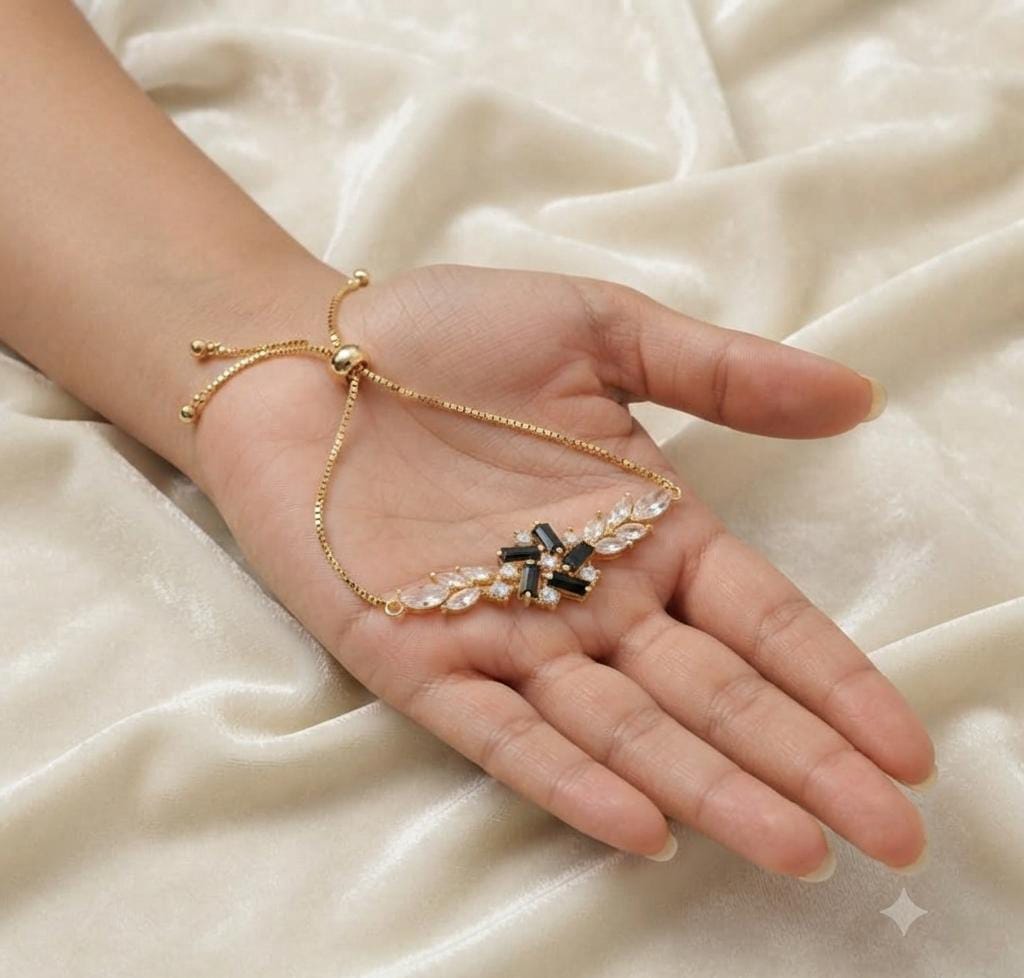 Golden Black Crystal Floral Adjustable Bracelet for Women - Win Bachat