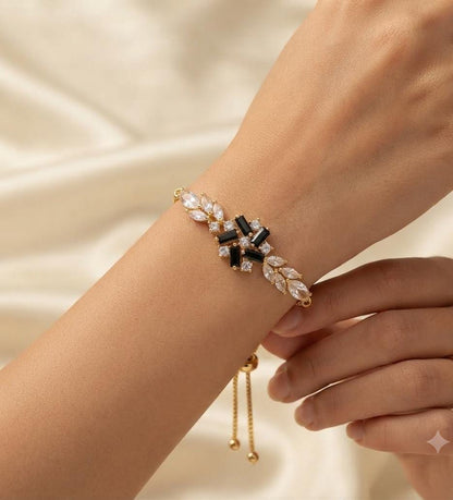 Golden Black Crystal Floral Adjustable Bracelet for Women - Win Bachat