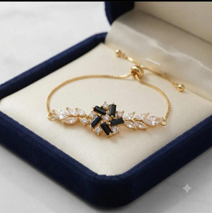 Golden Black Crystal Floral Adjustable Bracelet for Women - Win Bachat