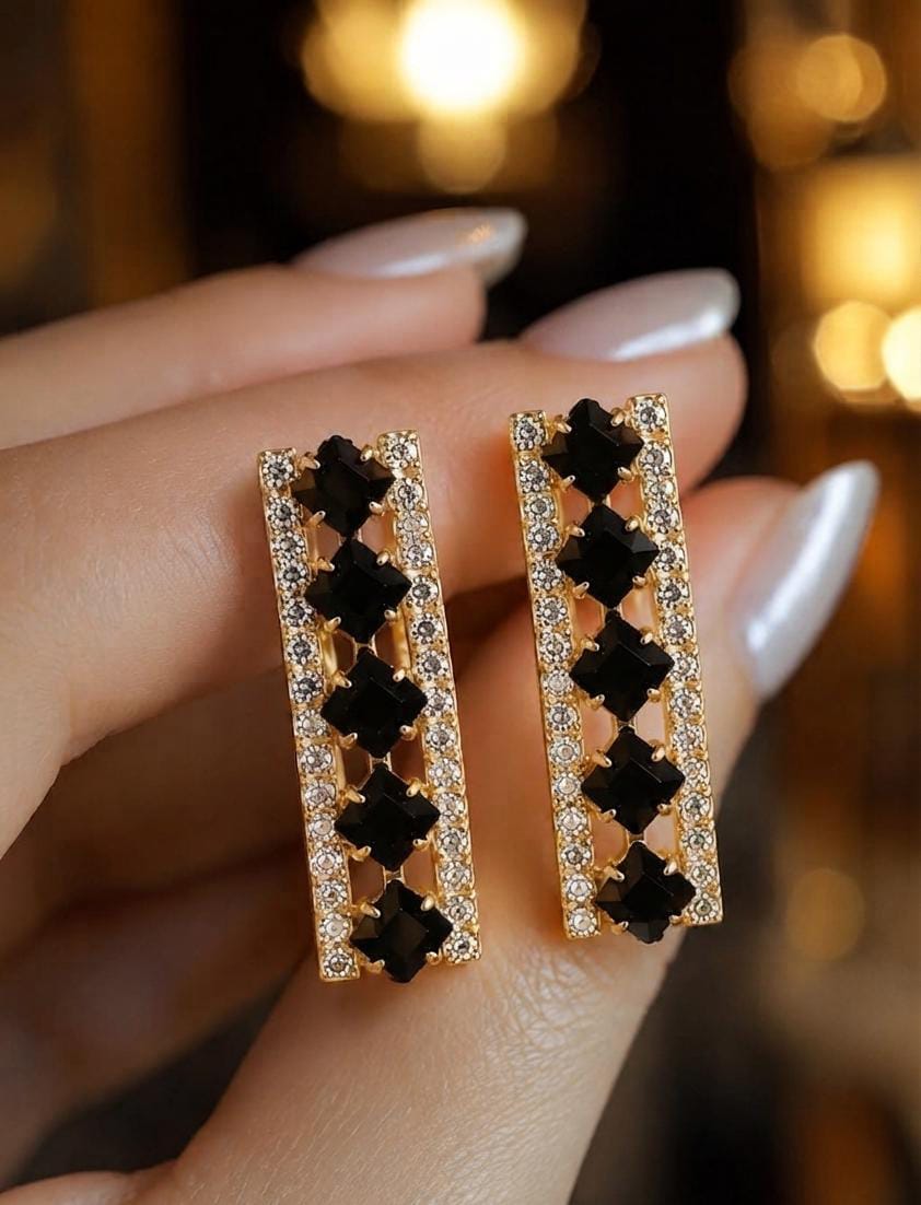 Golden Black Crystal Rectangular Earrings for Women - Win Bachat