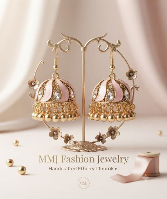 Golden Blush Pink Enamel Jhumka Earrings for Women - Win Bachat