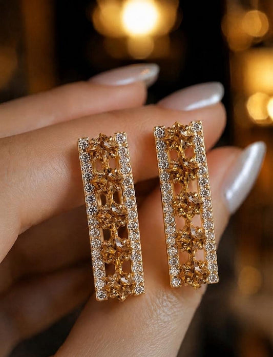 Golden Champagne Crystal Rectangular Earrings for Women - Win Bachat