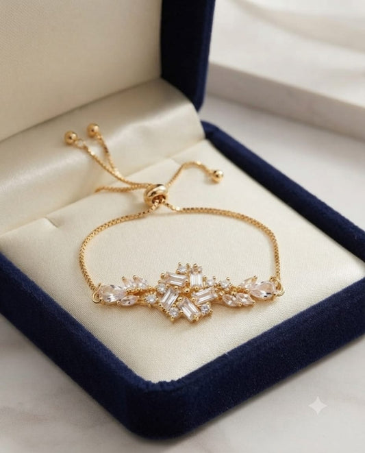 Golden Clear Crystal Floral Adjustable Bracelet for Women - Win Bachat