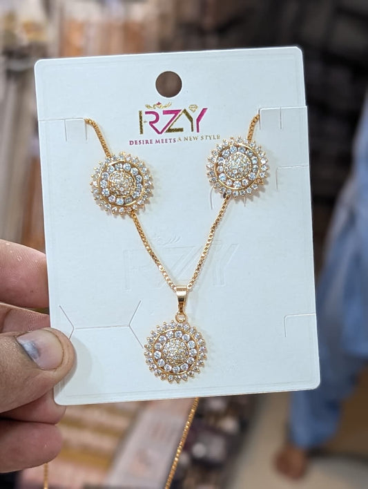 Golden Clear Crystal Round Pendant & Earrings Set - Win Bachat