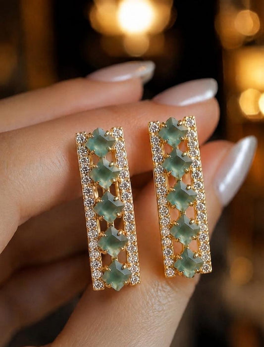 Golden Mint Green Crystal Rectangular Earrings for Women - Win Bachat