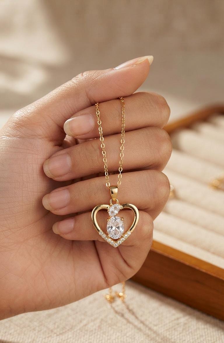 Golden Open Heart Crystal Pendant Necklace for Women - Win Bachat