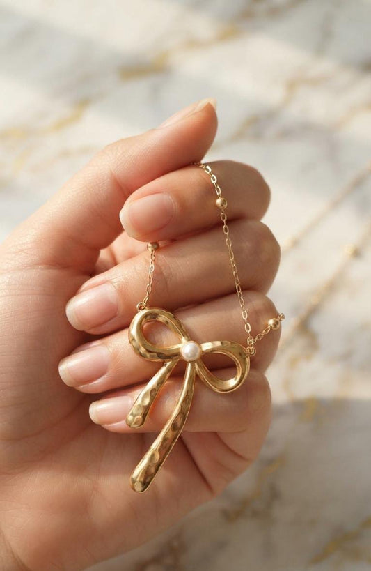 Golden Pearl Bow Pendant Necklace for Women - Win Bachat