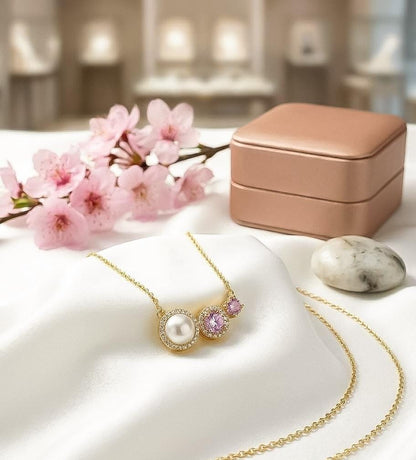 Golden Pearl & Pink Crystal Pendant Necklace for Women - Win Bachat