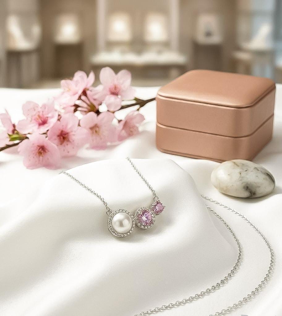 Golden Pearl & Pink Crystal Pendant Necklace for Women - Win Bachat