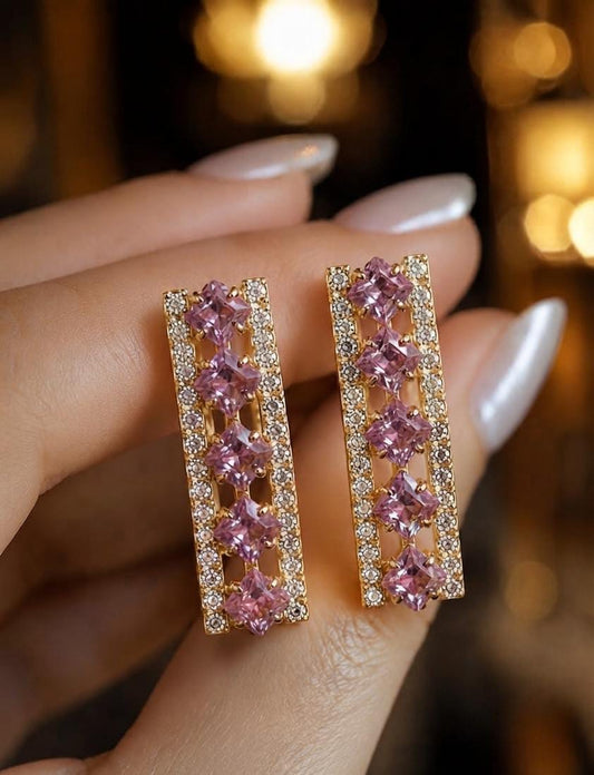 Golden Pink Crystal Rectangular Earrings for Women - Win Bachat