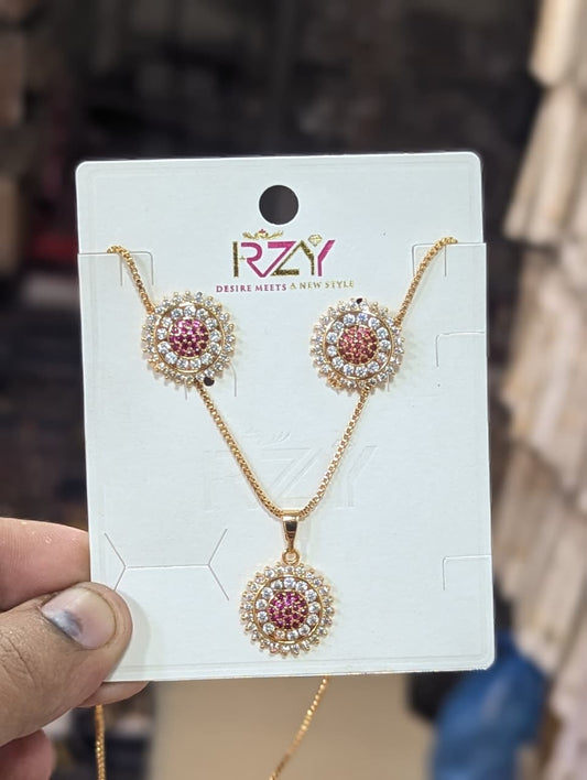 Golden Pink Crystal Round Pendant & Earrings Set - Win Bachat