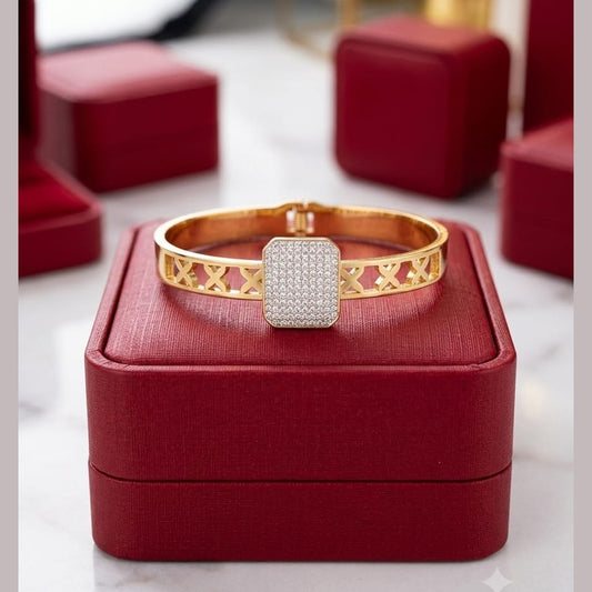 Golden Rectangular Crystal Statement Bangle for Women - Win Bachat