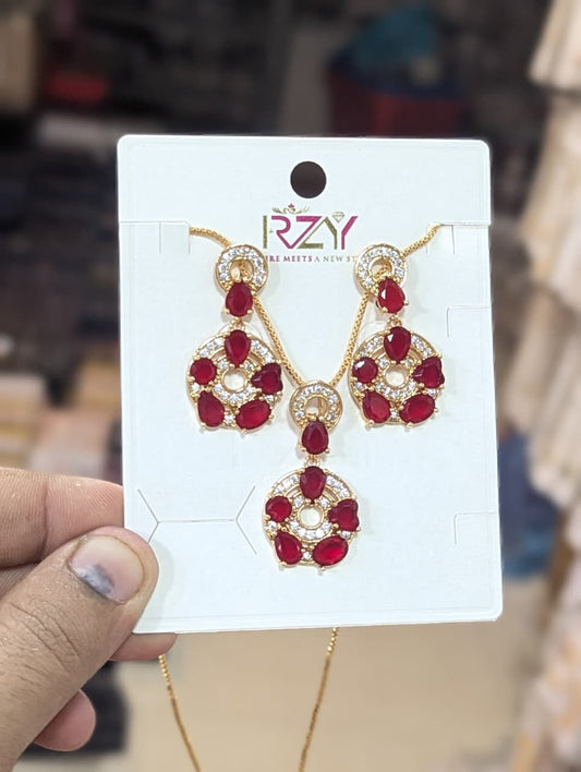 Golden Red Teardrop Crystal Pendant & Earrings Set - Win Bachat