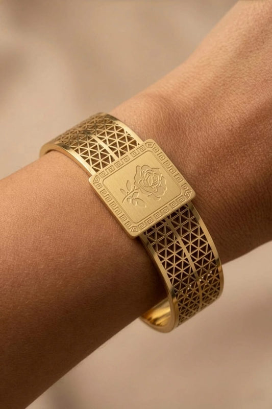 Golden Rose Engraved Lattice Cuff Bracelet for Women - Win Bachat