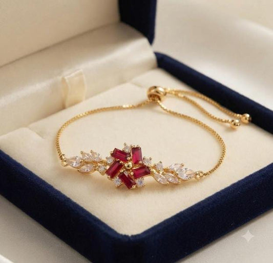 Golden Ruby Red Crystal Floral Adjustable Bracelet for Women - Win Bachat