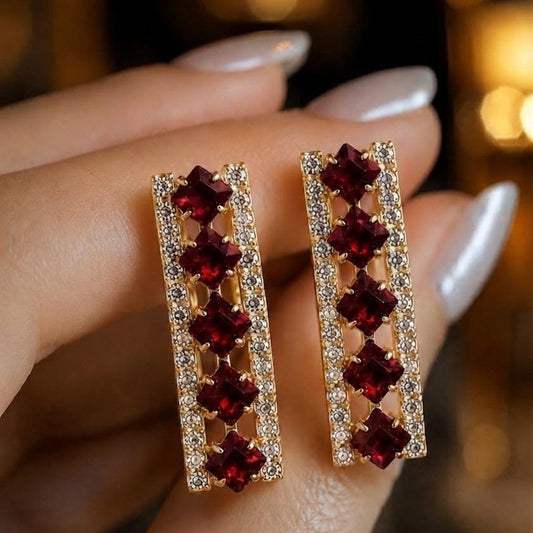 Golden Ruby Red Crystal Rectangular Earrings for Women - Win Bachat