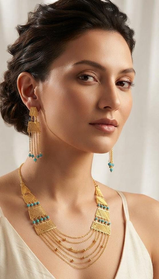 Golden Turquoise Beaded Layered Necklace & Earrings Set - Win Bachat
