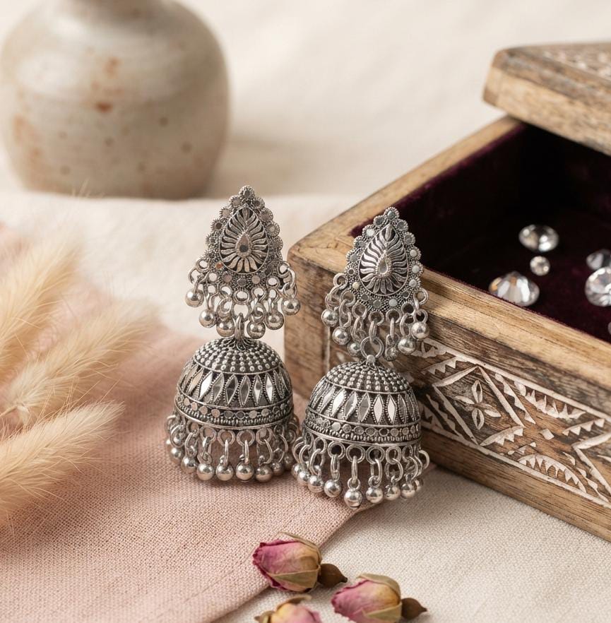 Heritage Oxidized Silver Statement Jhumka Earrings - Win Bachat