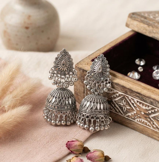 Heritage Oxidized Silver Statement Jhumka Earrings - Win Bachat