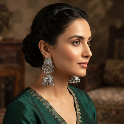 Heritage Oxidized Silver Statement Jhumka Earrings - Win Bachat
