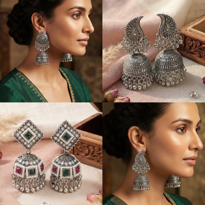 Heritage Oxidized Silver Statement Jhumka Earrings - Win Bachat