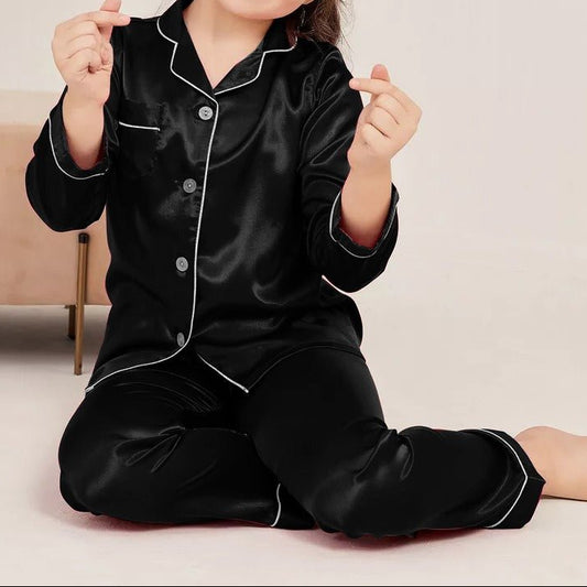 KIDS NIGHT WEAR BABY TROUSER + SHIRT IMPORTED SILK - BLACK - Win Bachat