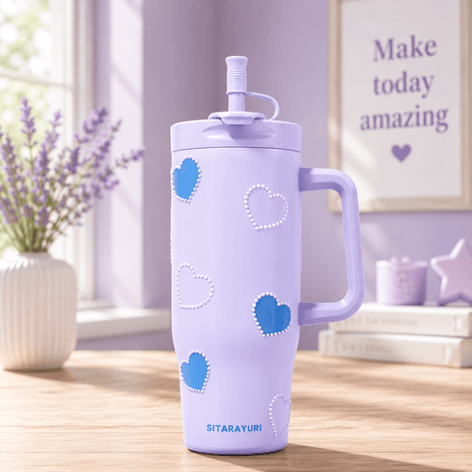 Lavender Heart Print Insulated Tumbler with Handle & Straw - Win Bachat
