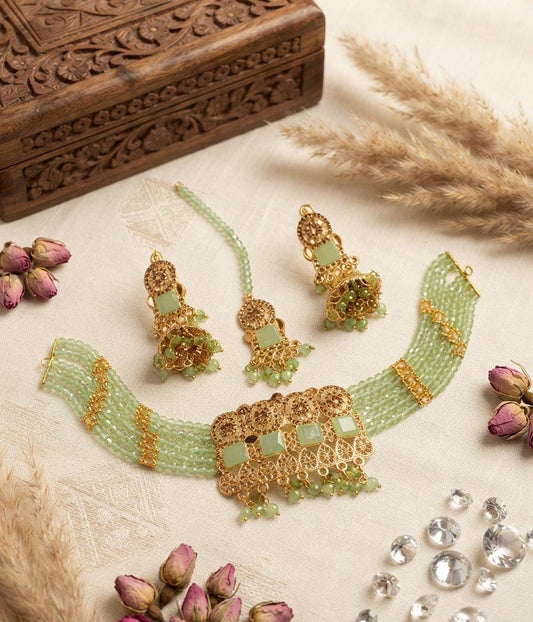Mint Green Beaded Choker Jewellery Set with Jhumka Earrings & Maang Tikka - Win Bachat