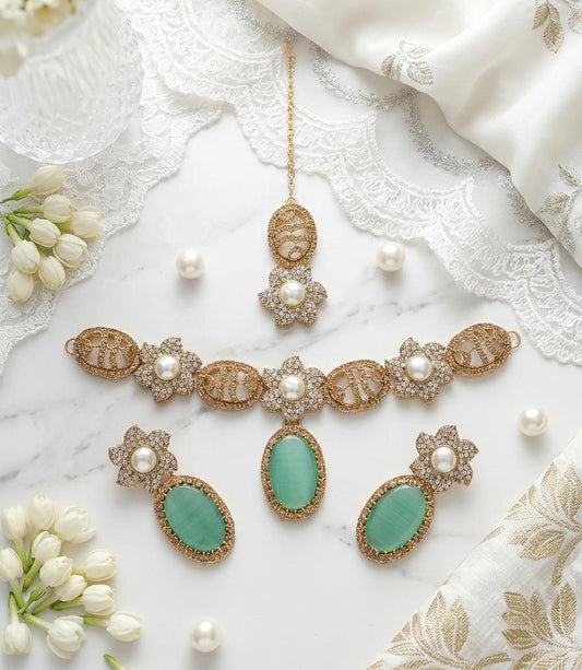 Mint Green Oval Stone Gold-Tone Floral Choker Set - Win Bachat