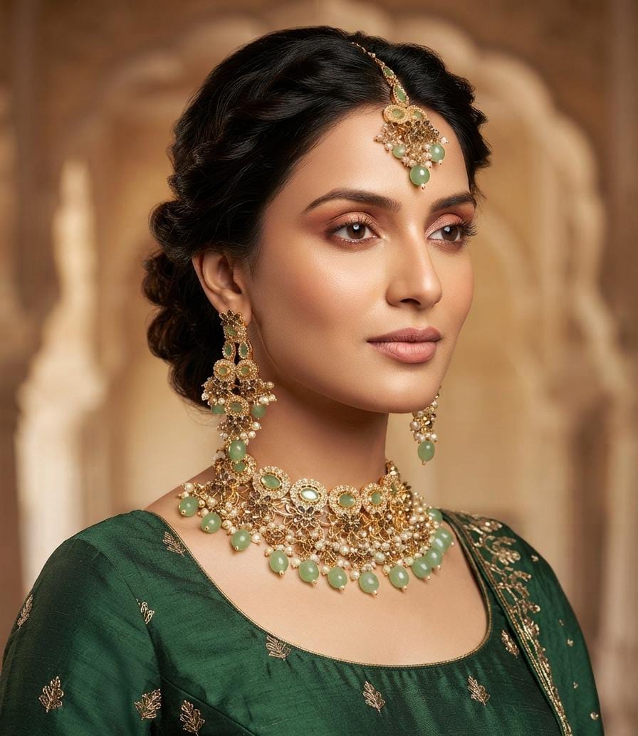 Mint Green Pearl Drop Choker Necklace Set with Earrings & Maang Tikka - Win Bachat