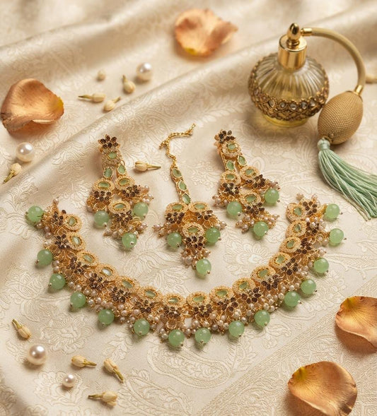 Mint Green Pearl Drop Choker Necklace Set with Earrings & Maang Tikka - Win Bachat
