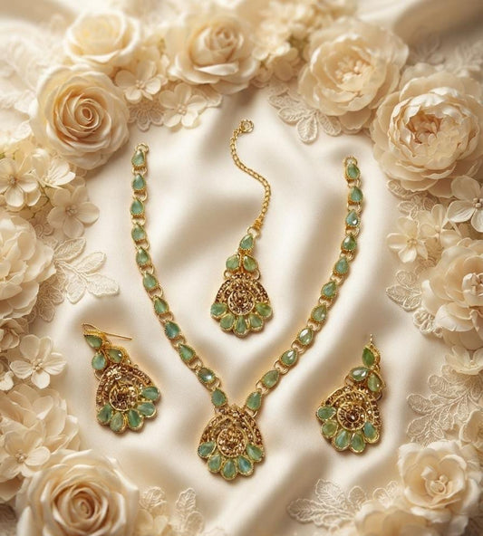 Mint Green Teardrop Stone Necklace Set with Earrings & Maang Tikka - Win Bachat