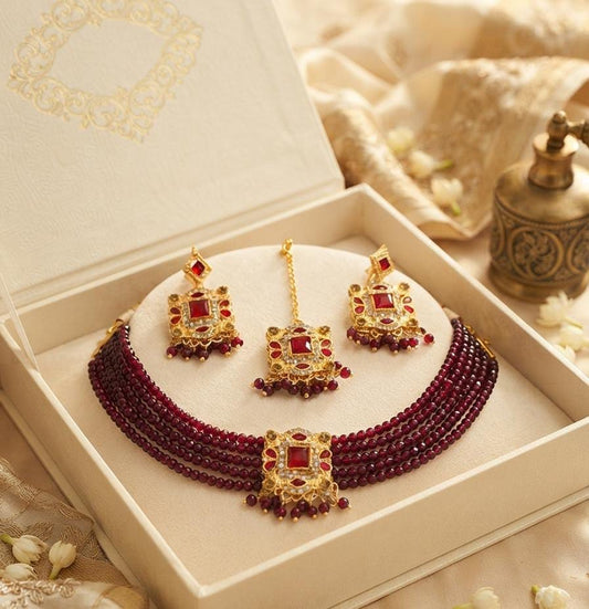 Multicolor Beaded Choker Necklace, Earrings & Maang Tikka Set - Win Bachat