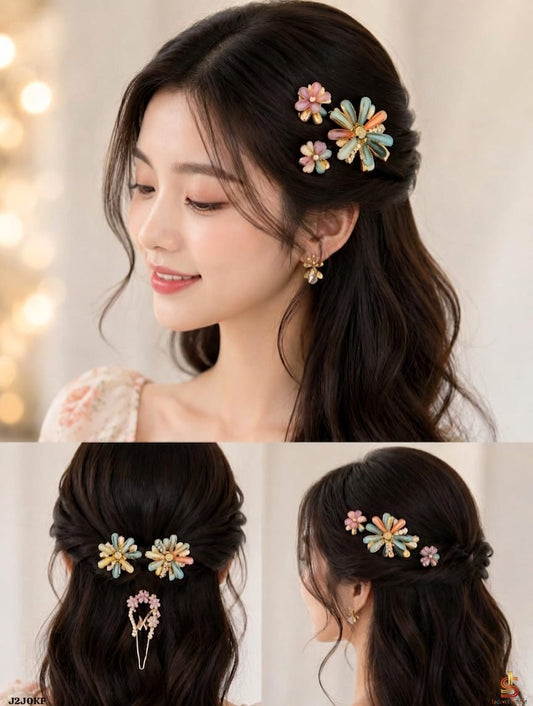 Multicolor Floral Hair Clip & Earrings Set - Win Bachat