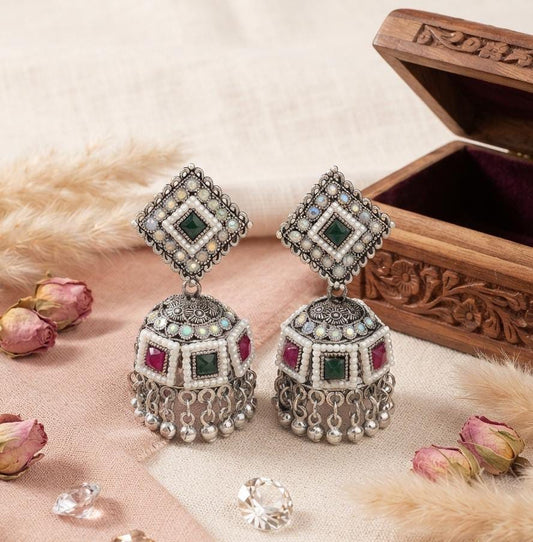 Multicolor Stone Oxidized Jhumka Earrings - Win Bachat