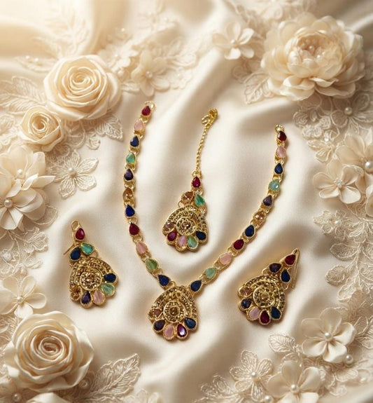 Multicolor Teardrop Stone Necklace Set with Earrings & Maang Tikka - Win Bachat