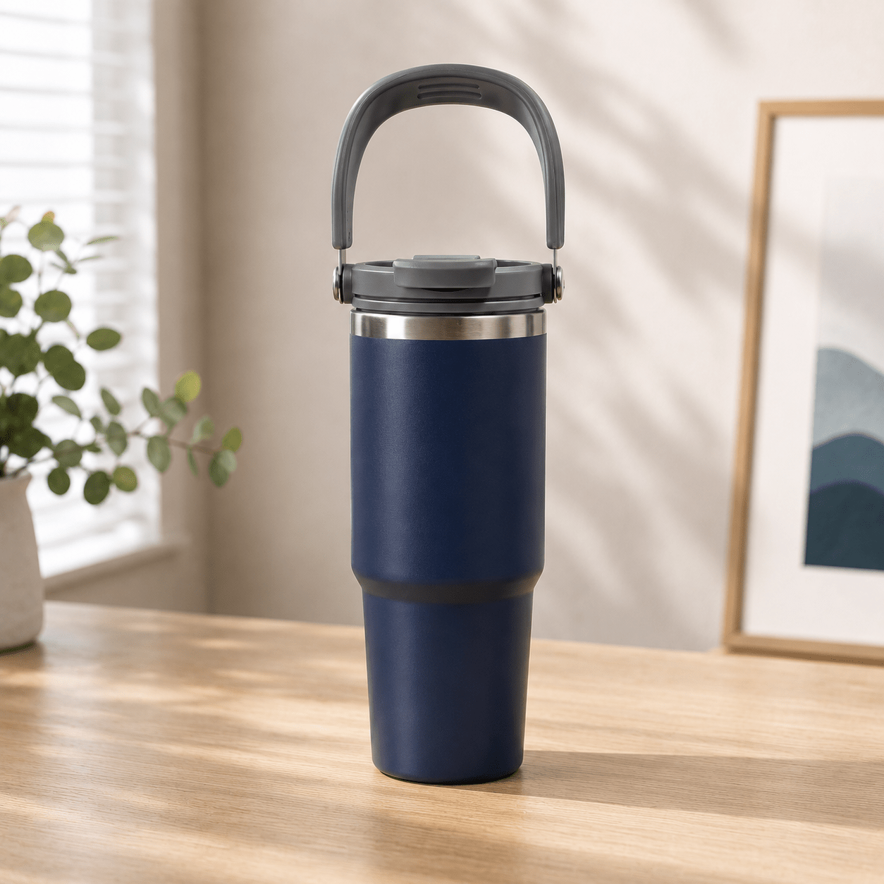 Navy Blue Insulated Travel Tumbler with Carry Handle - Win Bachat
