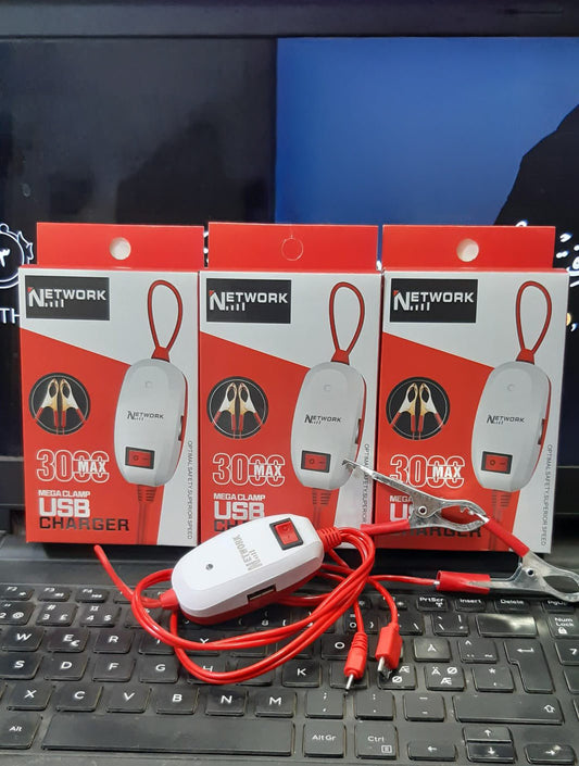 Network 3000 Max Mega Clamp Dual USB Motorcycle Charger with Battery Clips - Win Bachat