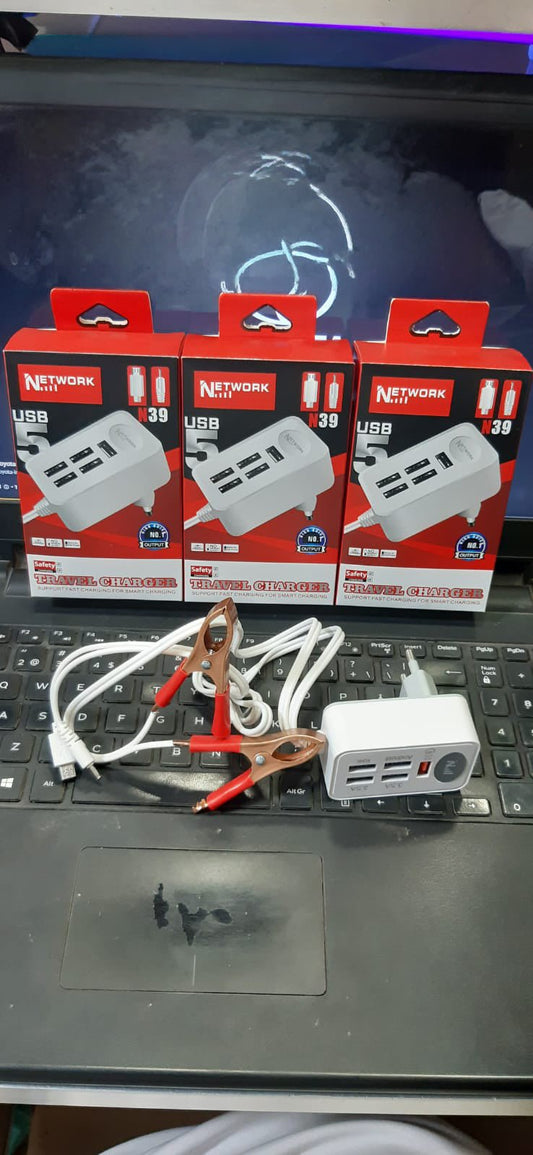 Network N39 5-Port USB AC/DC Travel Charger with Android Cable & Battery Clips - Win Bachat