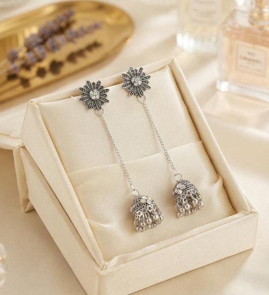 Oxidised Silver Floral Chain Jhumka Earrings - Win Bachat