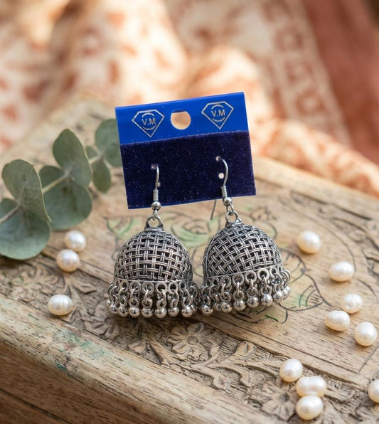 Oxidised Silver-Tone Woven Jhumka Earrings - Win Bachat