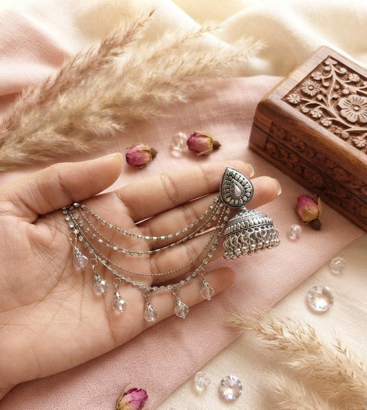 Oxidized Silver Crystal Drop Chain Jhumka Earring - Win Bachat