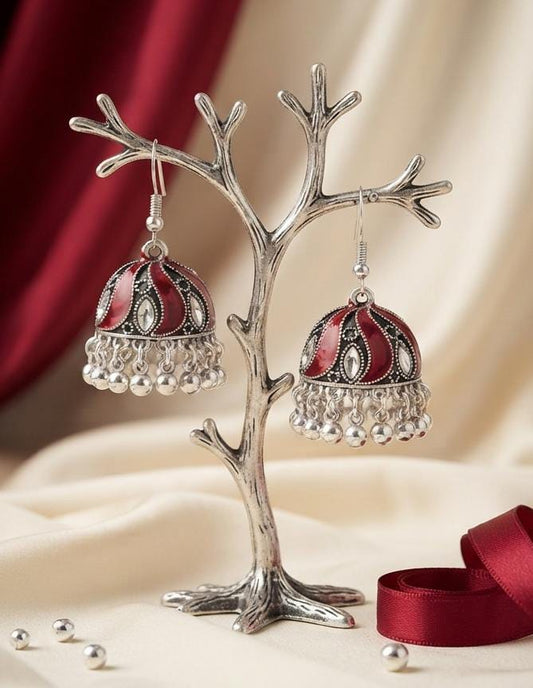 Oxidized Silver Deep Red Enamel Jhumka Earrings for Women - Win Bachat