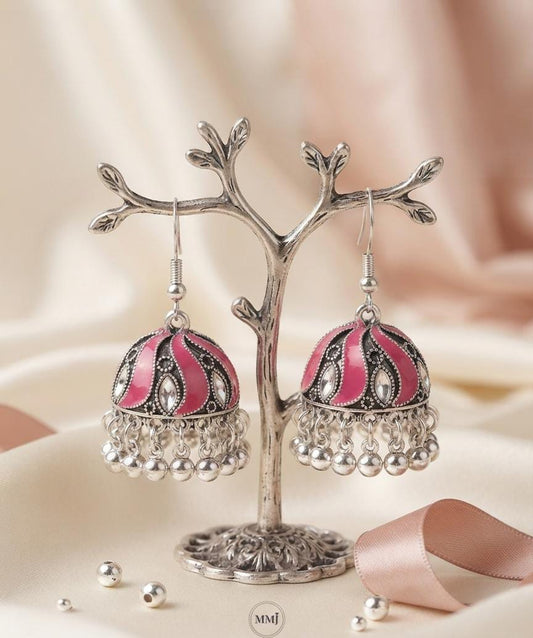 Oxidized Silver Fuchsia Pink Jhumka Earrings for Women - Win Bachat