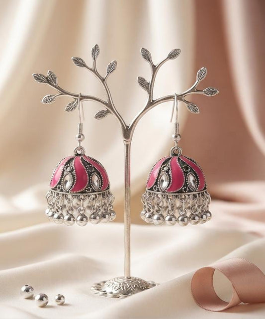 Oxidized Silver Hot Pink Enamel Jhumka Earrings for Women - Win Bachat