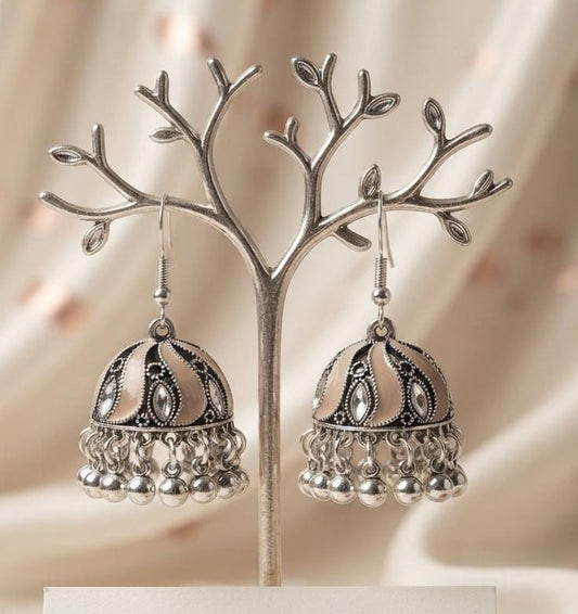 Oxidized Silver Ivory Enamel Jhumka Earrings for Women - Win Bachat