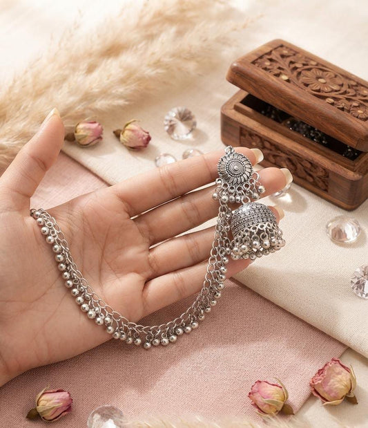 Oxidized Silver Jhumka Ear Chain Earring - Win Bachat