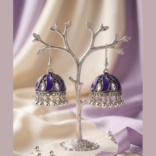 Oxidized Silver Purple Enamel Jhumka Earrings for Women - Win Bachat