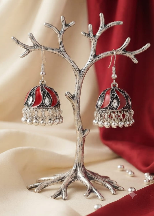 Oxidized Silver Red Enamel Jhumka Earrings for Women - Win Bachat